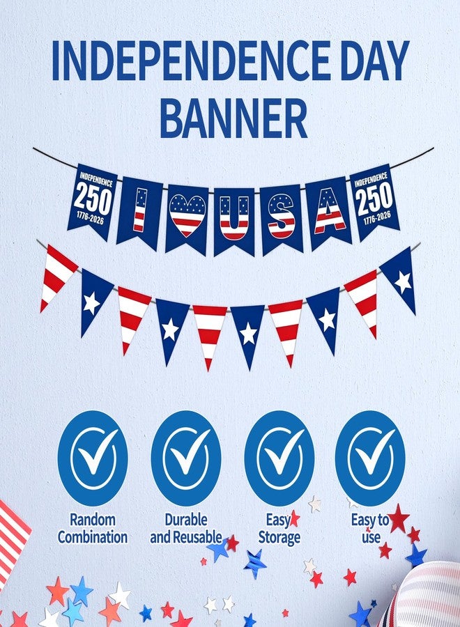 KFJBPB 4th of July Decorations 250th Anniversary Patriotic Banner American Stars and Stripes Flag Bunting Garland for Fourth of July Memorial Independence Day Outdoor Indoor Hanging Decor (Red White Blue) - Image 3