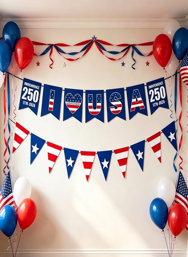 KFJBPB 4th of July Decorations 250th Anniversary Patriotic Banner American Stars and Stripes Flag Bunting Garland for Fourth of July Memorial Independence Day Outdoor Indoor Hanging Decor (Red White Blue) - Image 4