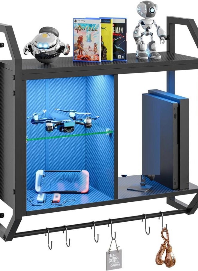 Bestier 25" LED Gaming Floating Shelves for Wall, Wall Mounted Shelf Pipe Adjustable Glass Shelves, Hanging Display Rack with 6 S-Hooks Towel Bar, Gaming Room Decor Shelf, Carbon Fiber Black - Image 1