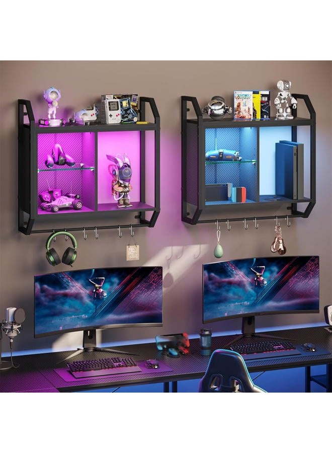 Bestier 25" LED Gaming Floating Shelves for Wall, Wall Mounted Shelf Pipe Adjustable Glass Shelves, Hanging Display Rack with 6 S-Hooks Towel Bar, Gaming Room Decor Shelf, Carbon Fiber Black - Image 2