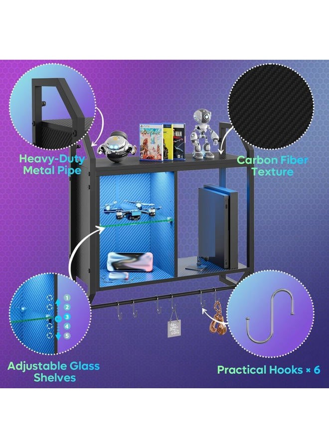 Bestier 25" LED Gaming Floating Shelves for Wall, Wall Mounted Shelf Pipe Adjustable Glass Shelves, Hanging Display Rack with 6 S-Hooks Towel Bar, Gaming Room Decor Shelf, Carbon Fiber Black - Image 4