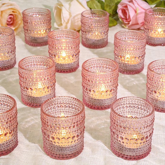 24 PCS VOTIVE CANDLE HOLDERS PINK GLASS CANDLE HOLDER BULK FOR TABLE CENTERPIECE TEA LIGHTS CANDLE HOLDERS FOR WEDDING SHOWER PARTY AND HOME DECOR