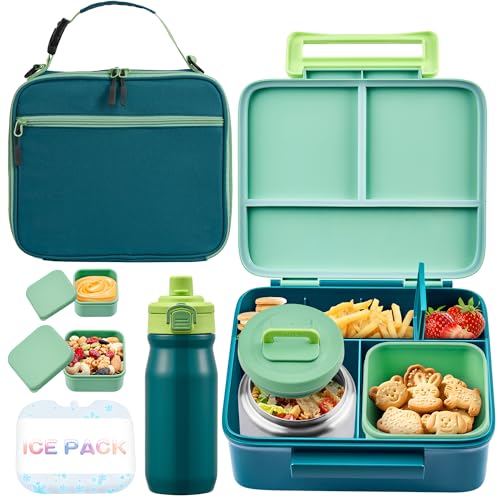 JXXM Bento Lunch Box for Kids with Thermos, Leakproof Bento Box with 8oz Insulated Food Jar, Insulated Bottle, Lunch Bag, BPA Free Dishwasher Safe 4 Compartment Container for School Girls Boys (Green) - Image 1