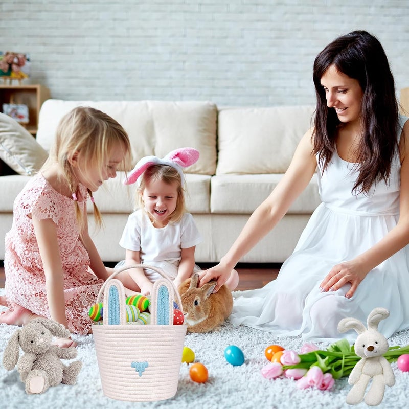 LDFDRT Easter Basket Empty Bunny Egg Baskets With Handle And Ears Easter Gifts Cute Woven Basket blue - Image 5