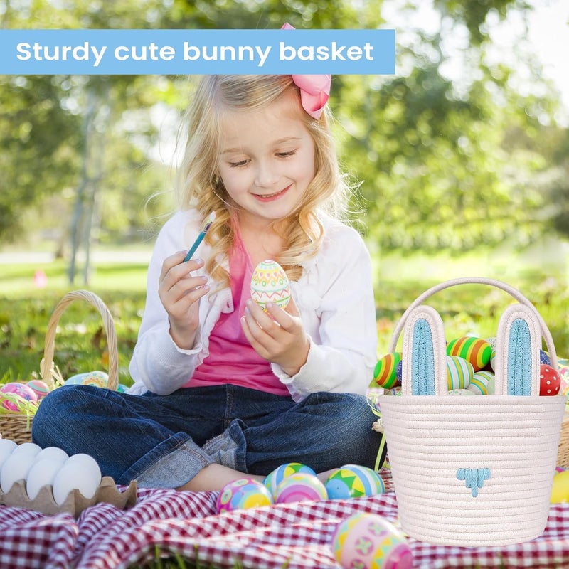 LDFDRT Easter Basket Empty Bunny Egg Baskets With Handle And Ears Easter Gifts Cute Woven Basket blue - Image 3