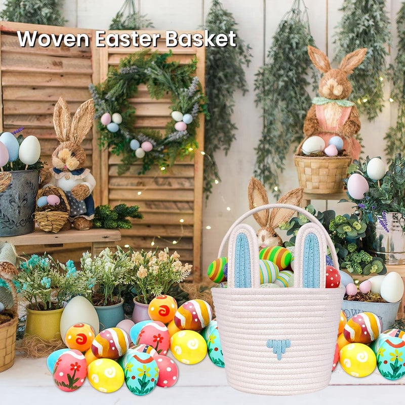 LDFDRT Easter Basket Empty Bunny Egg Baskets With Handle And Ears Easter Gifts Cute Woven Basket blue - Image 2