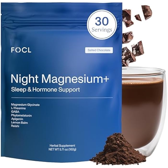 FOCL مشروب FOCL الليلي بمغنيسيوم للنوم، مسحوق مساعد طبيعي للنوم للبالغين مع L-ثيانين، أبيجينين، ريشي و GABA، خالي من السكر، غير معدّل وراثيًا، شوكولاتة مملحة - Image 1