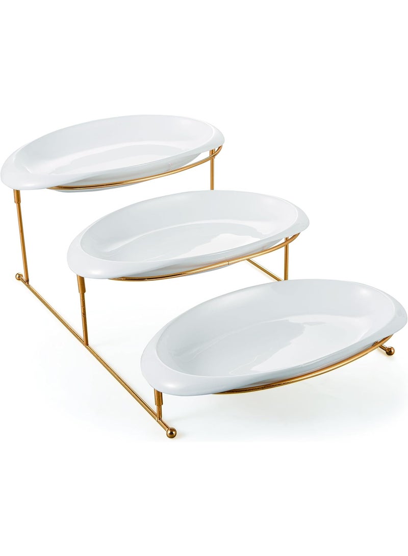 أوركيد وعاء تقديم أوركيد ثلاثي الطبقات مع حامل ذهبي، صينية عرض أدوات المائدة للفواكه والحلويات والمقبلات وأطباق الحفلات، حامل تقديم الكيك لحفلات الزفاف والبوفيهات، حامل عرض المقبلات - Image 1