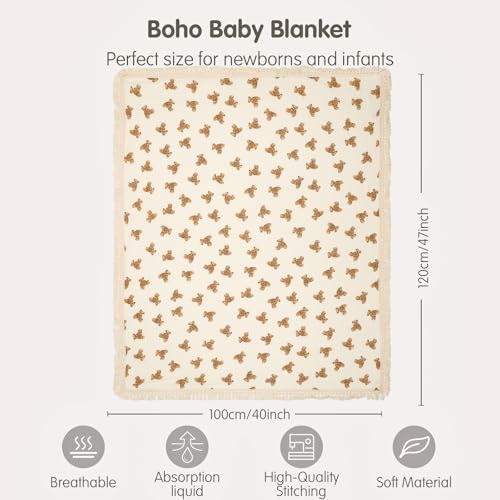 insular Cotton Muslin Baby Blanket with Tassel, Boho Bohemian Muslin Swaddle Blanket Baby Receiving Blanket with Fringe, Nursery Decor Throw or Nursing Blankets, 47" x40”, Little Bear - Image 5