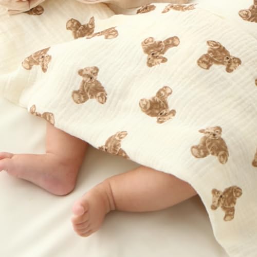 insular Cotton Muslin Baby Blanket with Tassel, Boho Bohemian Muslin Swaddle Blanket Baby Receiving Blanket with Fringe, Nursery Decor Throw or Nursing Blankets, 47" x40”, Little Bear - Image 4