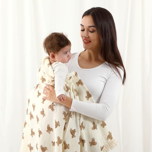 insular Cotton Muslin Baby Blanket with Tassel, Boho Bohemian Muslin Swaddle Blanket Baby Receiving Blanket with Fringe, Nursery Decor Throw or Nursing Blankets, 47" x40”, Little Bear - Image 3