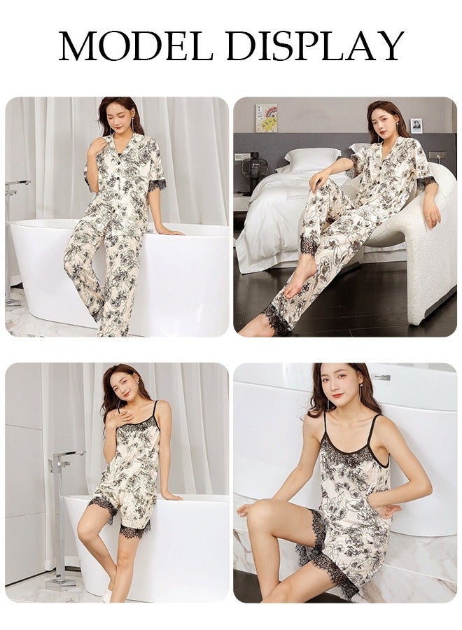DUNISO Cooling Satin Pajamas for Women 4pcs Pajama Set with Shorts Set and Button Down Long Sleeve Pjs Loungewear Sleepwear Lace Loungewear - Image 4