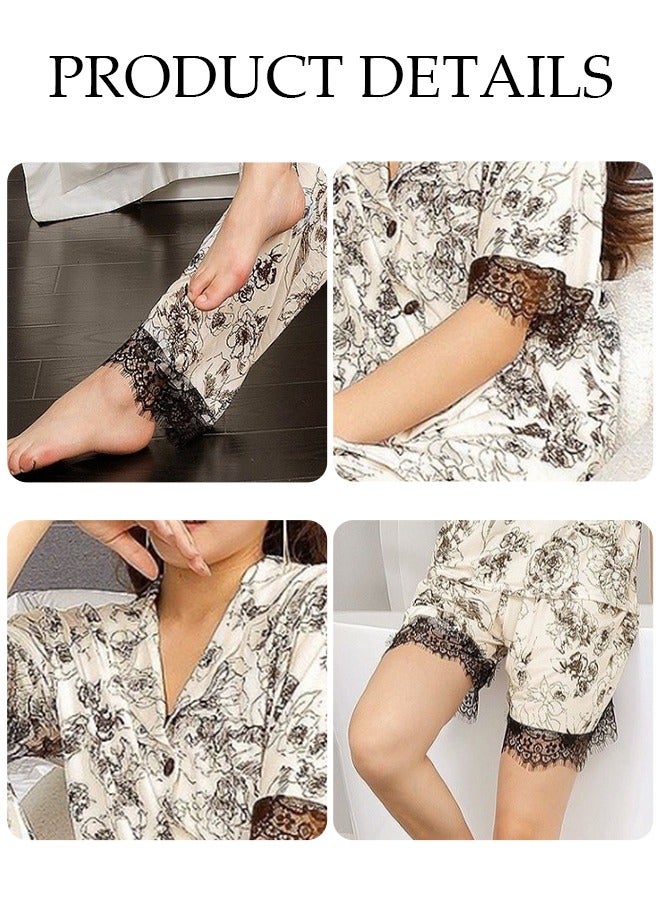 DUNISO Cooling Satin Pajamas for Women 4pcs Pajama Set with Shorts Set and Button Down Long Sleeve Pjs Loungewear Sleepwear Lace Loungewear - Image 3