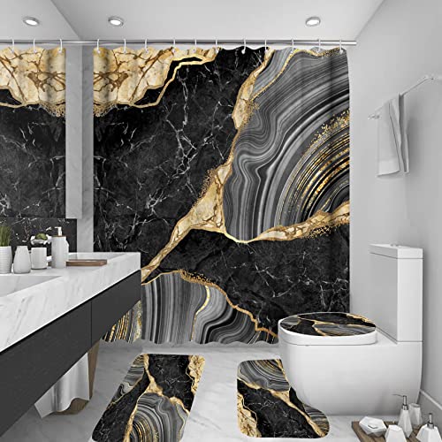 beifivcl 4Pcs Marble Shower Curtain Sets, Bathroom Decor Sets, Luxury with 12 Hooks, Bath Mat, Toilet Lid Rug and Non-Slip U Shape Mat Accessories, 72 x 72 Inch, Black - Image 1