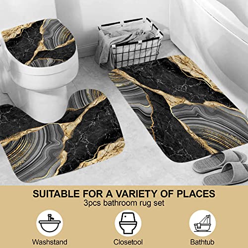 beifivcl 4Pcs Marble Shower Curtain Sets, Bathroom Decor Sets, Luxury with 12 Hooks, Bath Mat, Toilet Lid Rug and Non-Slip U Shape Mat Accessories, 72 x 72 Inch, Black - Image 3