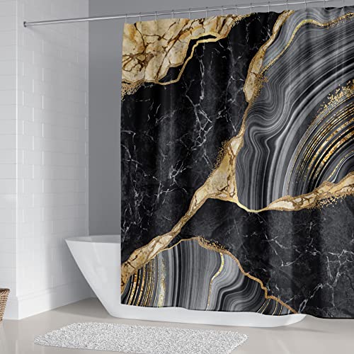 beifivcl 4Pcs Marble Shower Curtain Sets, Bathroom Decor Sets, Luxury with 12 Hooks, Bath Mat, Toilet Lid Rug and Non-Slip U Shape Mat Accessories, 72 x 72 Inch, Black - Image 2