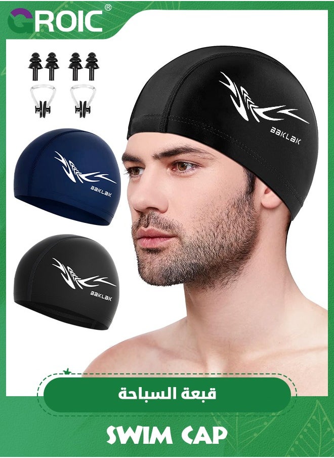 GROIC 2 Pack Swim Caps for Adults and Youth, High Elasticity Premium Fabric Swimming Caps, Comfortable Swim Hats with 2 Set Ear Plugs & Nose Clip for Swimming, Surfing and Swim Beginners  - Image 1