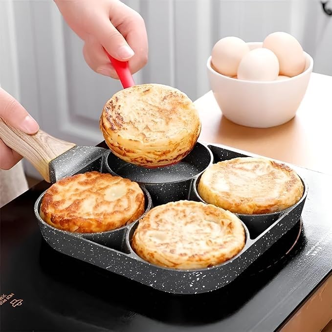 4 Hole Non Stick Egg Frying pan with Detachable Wooden Handle,Multi Purpose Frying pan for Omelet uttapam idli Burger Poached Egg Kitchen Breakfast  - Image 3