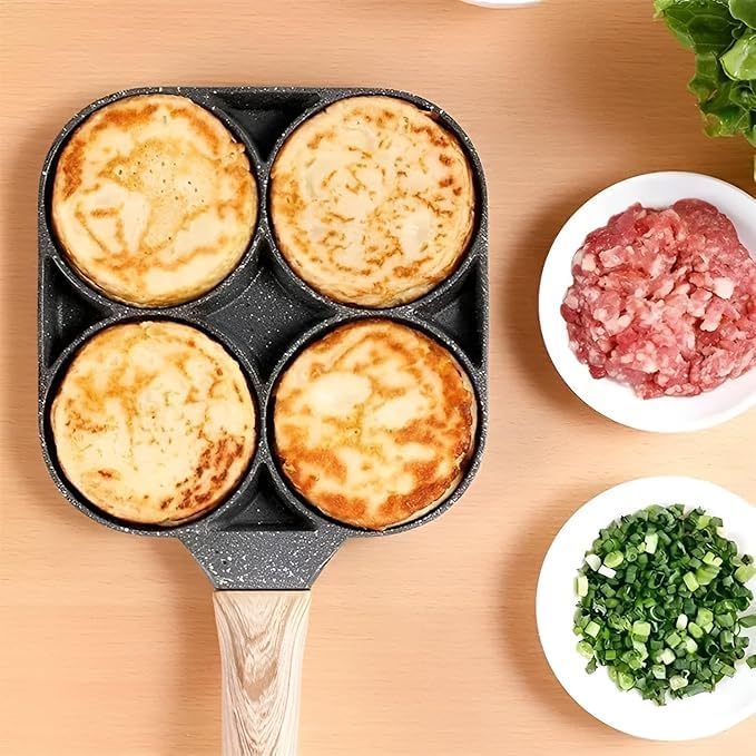 4 Hole Non Stick Egg Frying pan with Detachable Wooden Handle,Multi Purpose Frying pan for Omelet uttapam idli Burger Poached Egg Kitchen Breakfast  - Image 2