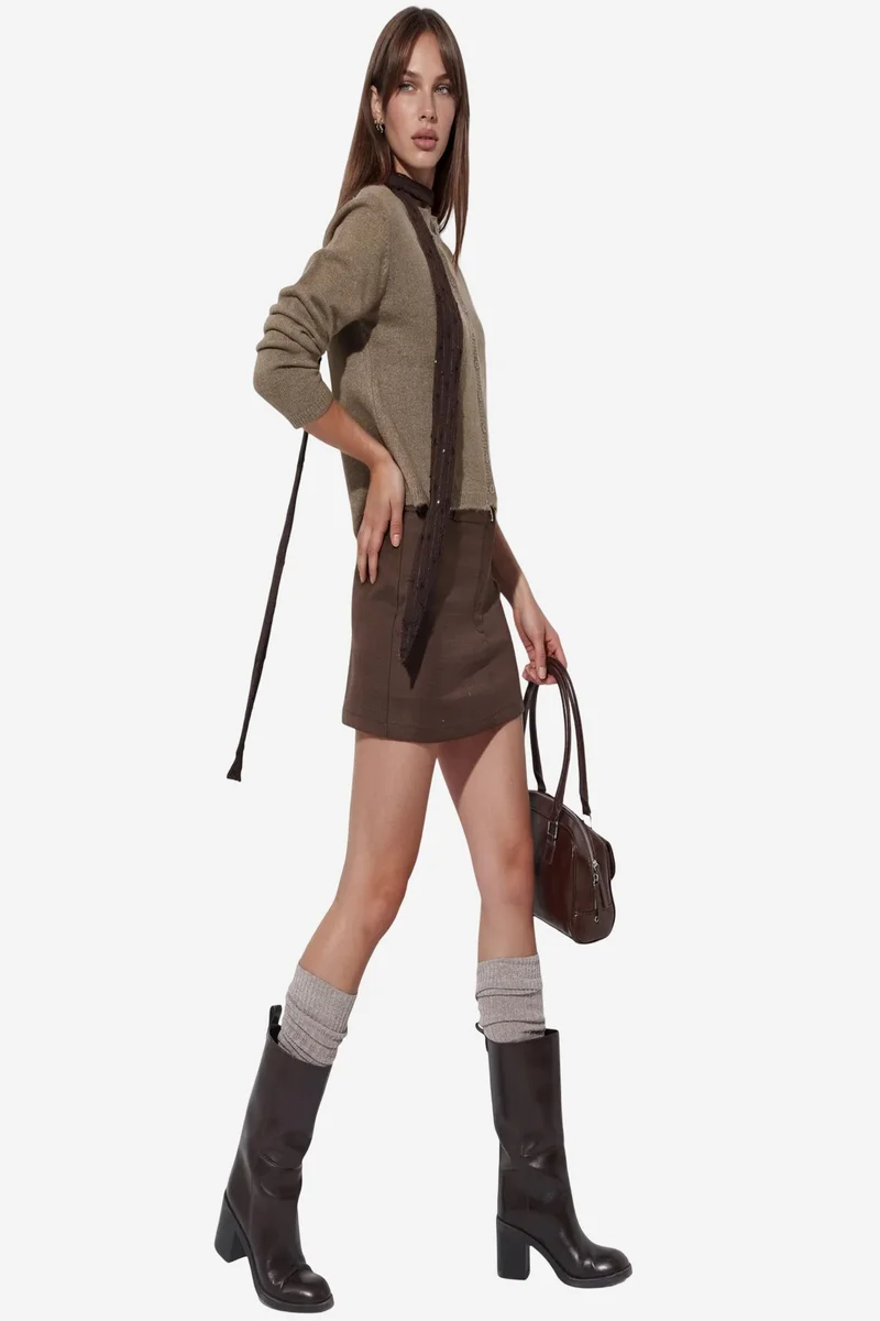 Viorna VIORNA Ribbed Crew Neck Button Cardigan