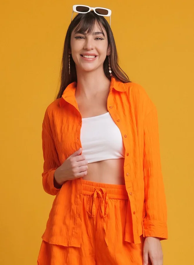 Freehand Freehand Women Orange Seersucker Oversized Shirt