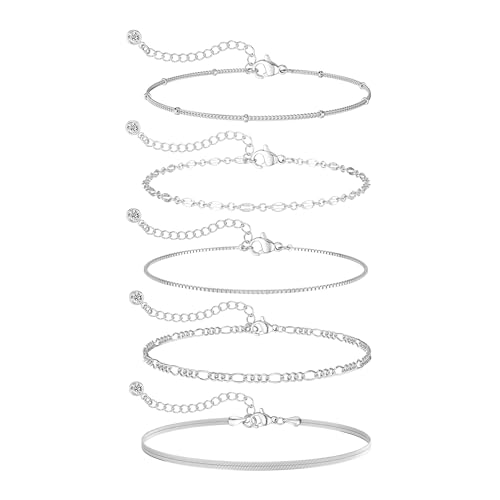 MBW 14K Silver Plated Bracelet for Women, Chain Bracelets for Women Trendy Stack Waterproof Jewelry Minimalist Simple Small Thin Bracelet Set - Image 1