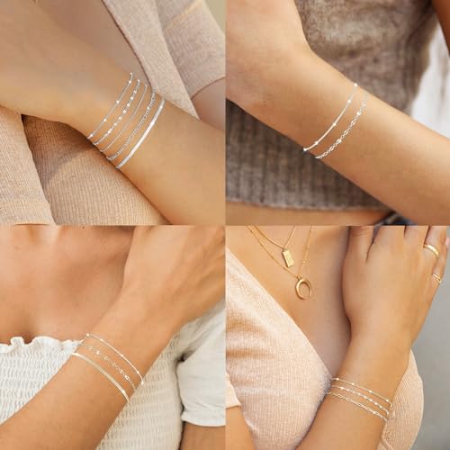 MBW 14K Silver Plated Bracelet for Women, Chain Bracelets for Women Trendy Stack Waterproof Jewelry Minimalist Simple Small Thin Bracelet Set - Image 4