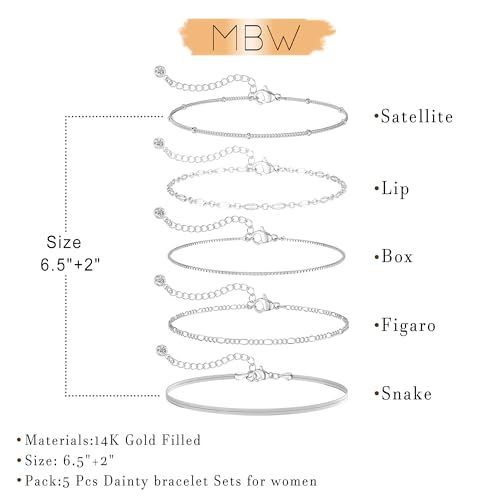 MBW 14K Silver Plated Bracelet for Women, Chain Bracelets for Women Trendy Stack Waterproof Jewelry Minimalist Simple Small Thin Bracelet Set - Image 5