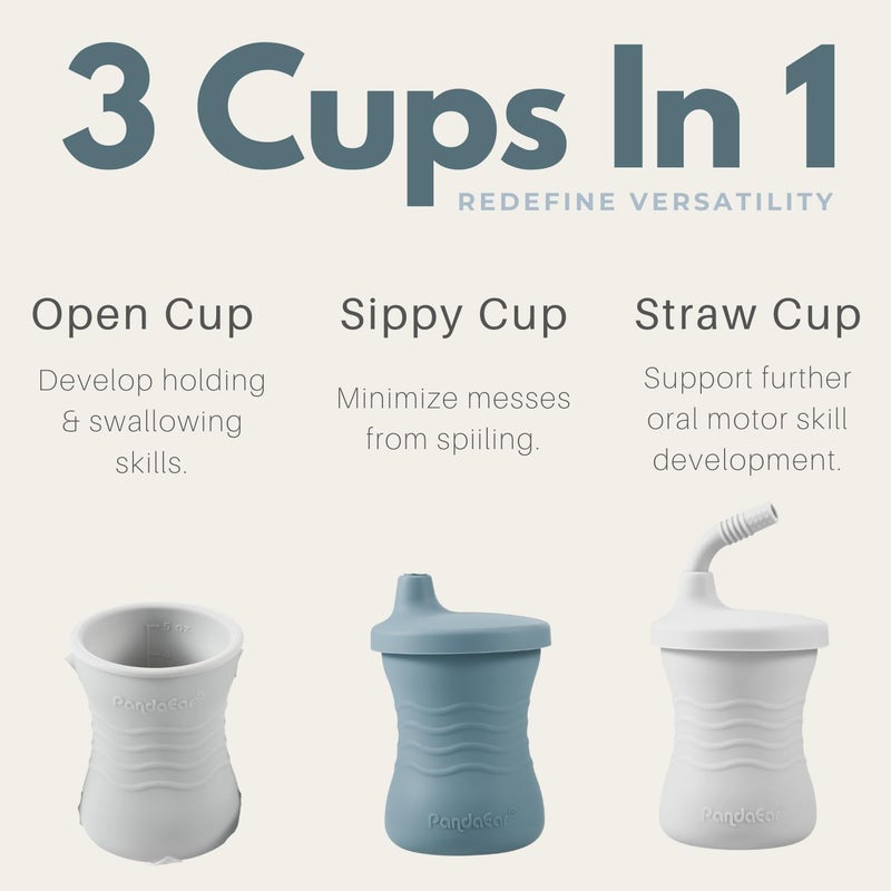PandaEar كوب تدريب باندا إير سيليكون 3 عبوات أكواب شرب للأطفال مع قشة للأطفال والرضع 6 أشهر أزرق داكن أزرق فاتح رمادي - Image 3