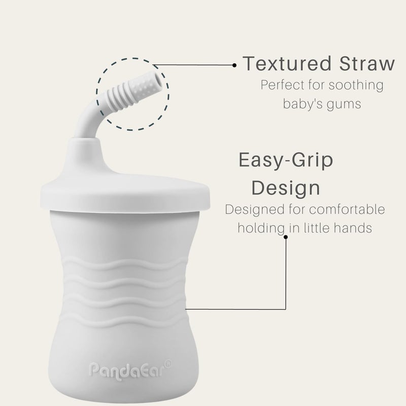 PandaEar كوب تدريب باندا إير سيليكون 3 عبوات أكواب شرب للأطفال مع قشة للأطفال والرضع 6 أشهر أزرق داكن أزرق فاتح رمادي - Image 4