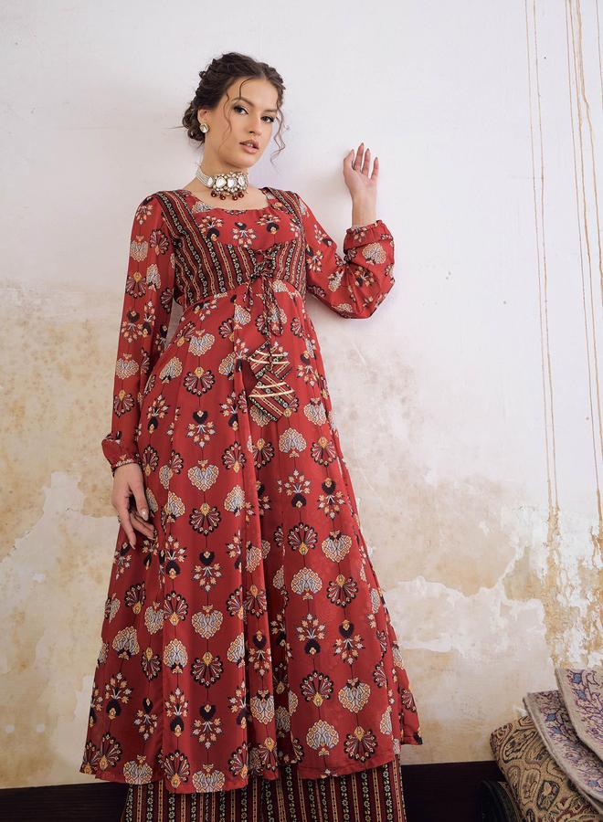 SASSAFRAS Maroon Floral Front Yoke Anarkali Kurta with Palazzo Pants Set - Image 2