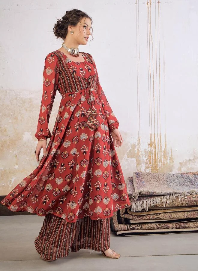 SASSAFRAS Sassafras Maroon Floral Front Yoke Anarkali Kurta with Palazzo Pants Set