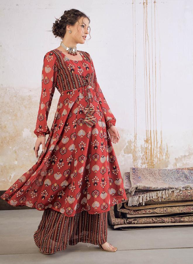SASSAFRAS Maroon Floral Front Yoke Anarkali Kurta with Palazzo Pants Set - Image 3