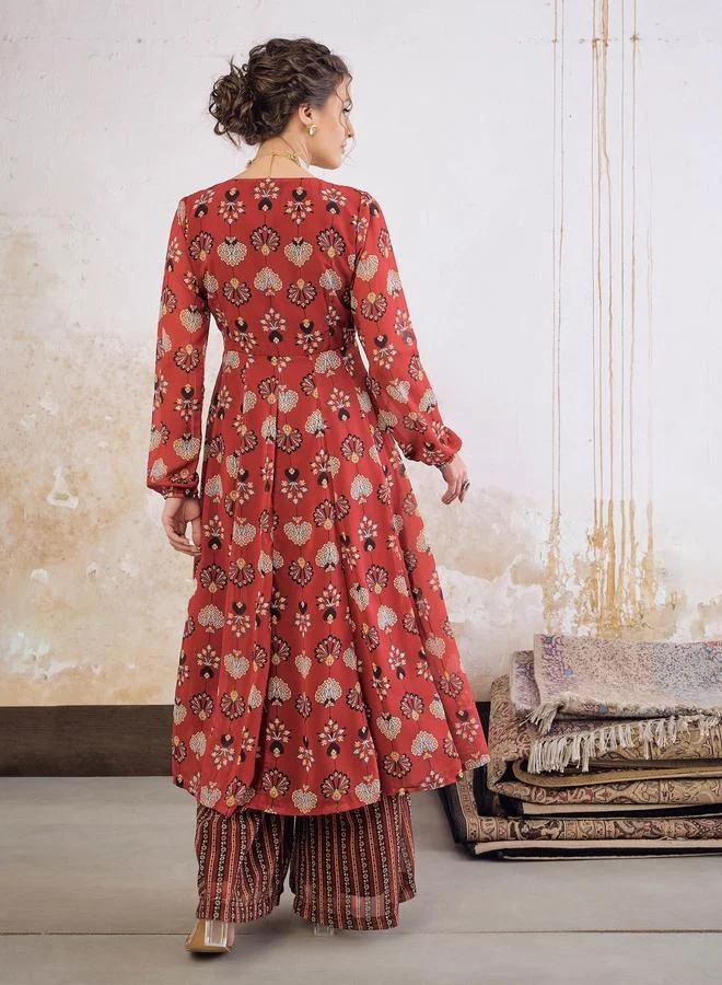 SASSAFRAS Sassafras Maroon Floral Front Yoke Anarkali Kurta with Palazzo Pants Set