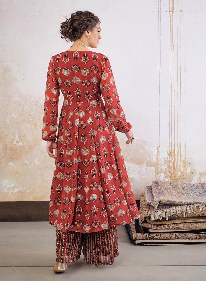 SASSAFRAS Maroon Floral Front Yoke Anarkali Kurta with Palazzo Pants Set - Image 5