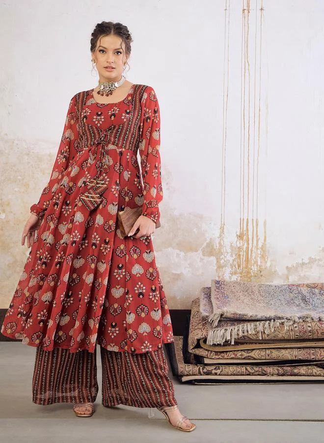 SASSAFRAS Sassafras Maroon Floral Front Yoke Anarkali Kurta with Palazzo Pants Set