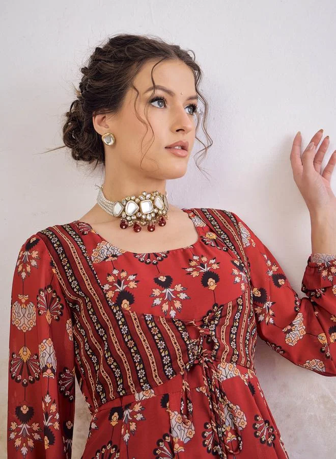 SASSAFRAS Sassafras Maroon Floral Front Yoke Anarkali Kurta with Palazzo Pants Set