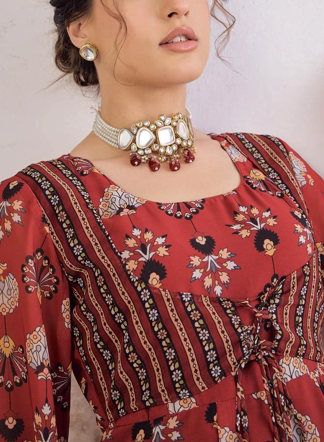 SASSAFRAS Sassafras Maroon Floral Front Yoke Anarkali Kurta with Palazzo Pants Set