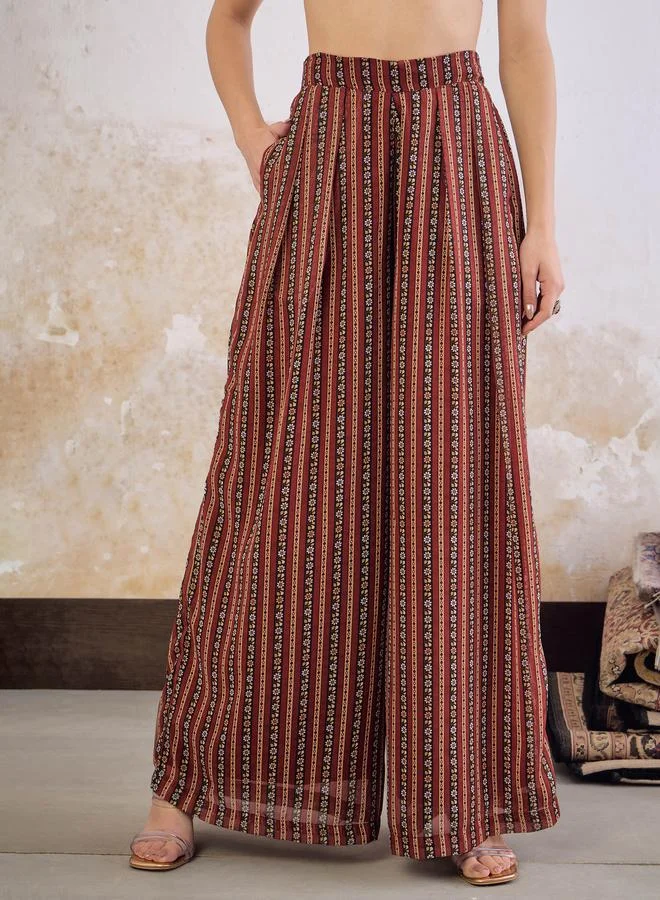 SASSAFRAS Sassafras Maroon Floral Front Yoke Anarkali Kurta with Palazzo Pants Set