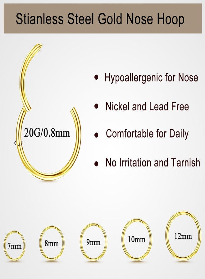 ONESING 10Pcs Gold Nose Ring Hoop 20G Clicker Nose Hoops Hypoallergenic Stainless Steel Nose Piercings Jewelry Gold Nose Jewelry Septum Helix Cartilage Lip Body Piercings for Women Men 7mm 8mm 9mm 10mm 12mm - Image 2