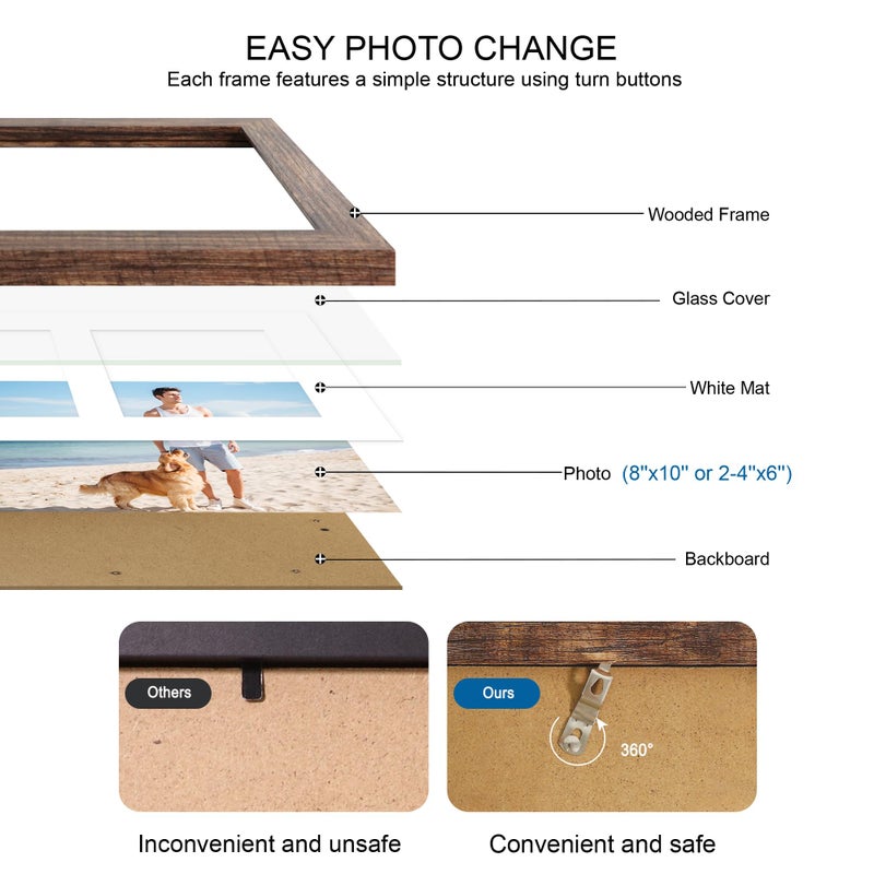 Hongkee 8x10 Picture Frame Set of 2  Rustic Brown Wood Frame with Glass Collage Frame  Display Pictures 2-4x6 With Mat or 8 x 10 Without Mat - Horizontal or Vertical Wall Mounting - Image 3
