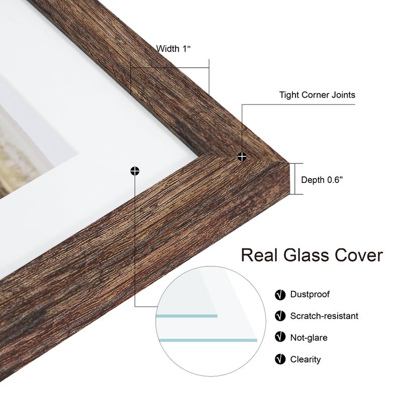 Hongkee 8x10 Picture Frame Set of 2  Rustic Brown Wood Frame with Glass Collage Frame  Display Pictures 2-4x6 With Mat or 8 x 10 Without Mat - Horizontal or Vertical Wall Mounting - Image 4