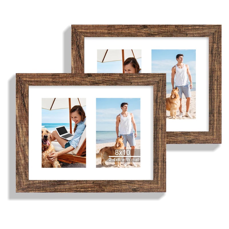 Hongkee 8x10 Picture Frame Set of 2  Rustic Brown Wood Frame with Glass Collage Frame  Display Pictures 2-4x6 With Mat or 8 x 10 Without Mat - Horizontal or Vertical Wall Mounting - Image 1