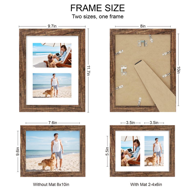 Hongkee 8x10 Picture Frame Set of 2  Rustic Brown Wood Frame with Glass Collage Frame  Display Pictures 2-4x6 With Mat or 8 x 10 Without Mat - Horizontal or Vertical Wall Mounting - Image 2