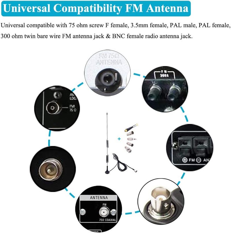 Fancasee Universal FM Antenna Magnetic Base 75 Ohm Screw F Male Plug with PAL BNC 3.5mm & 75 to 300 Ohm Connector Adapter Coax Coaxial Cable FM Radio Antenna for Home AV Stereo Receiver Indoor Outdoor Fine polished finish - Image 2