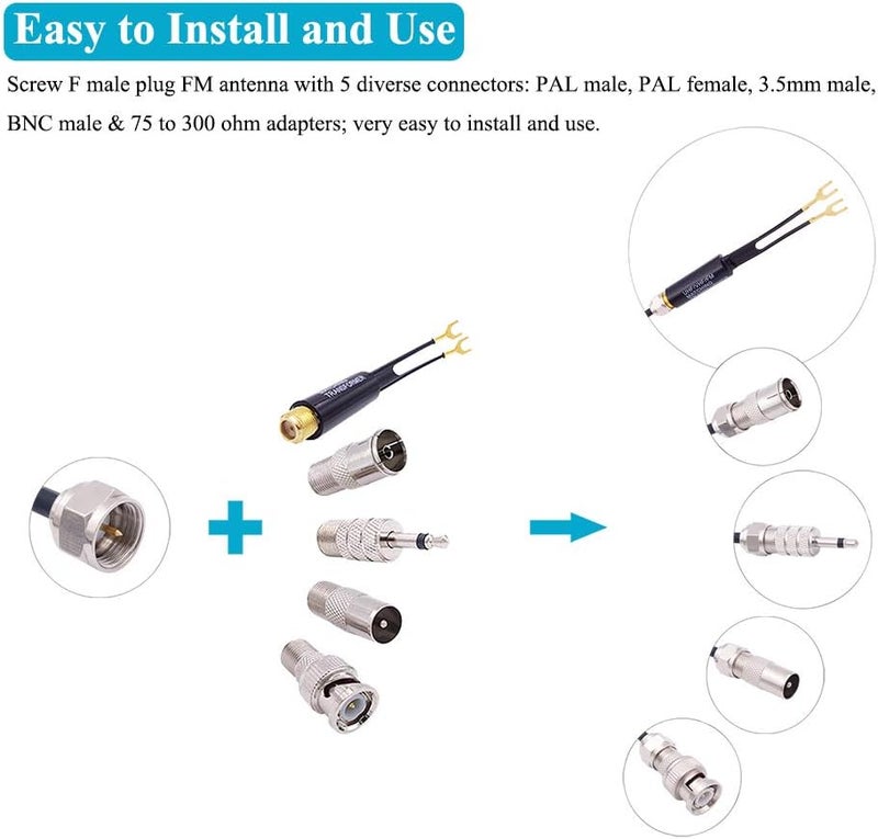 Fancasee Universal FM Antenna Magnetic Base 75 Ohm Screw F Male Plug with PAL BNC 3.5mm & 75 to 300 Ohm Connector Adapter Coax Coaxial Cable FM Radio Antenna for Home AV Stereo Receiver Indoor Outdoor Fine polished finish - Image 3