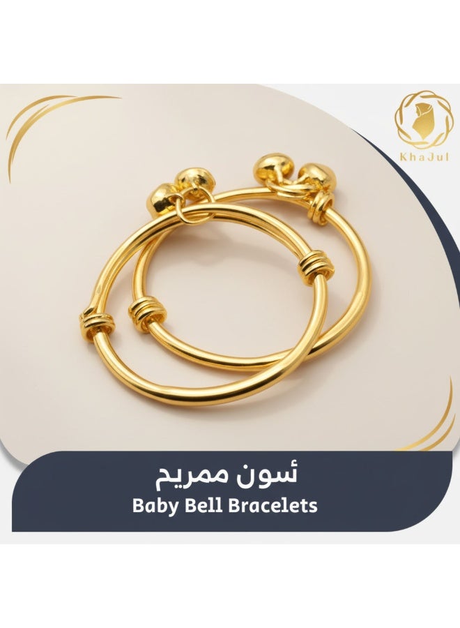 KHAJUL 2-Pair Baby Bell Bangle Set, Gold Plated Infant Bracelet with Soft Jingle, Adjustable Lightweight Newborn Gift for Baby Shower First Birthday - Gold - Image 1