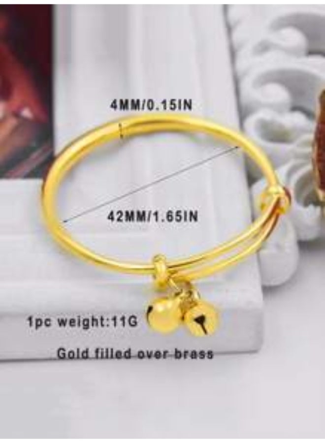 KHAJUL 2-Pair Baby Bell Bangle Set, Gold Plated Infant Bracelet with Soft Jingle, Adjustable Lightweight Newborn Gift for Baby Shower First Birthday - Gold - Image 2