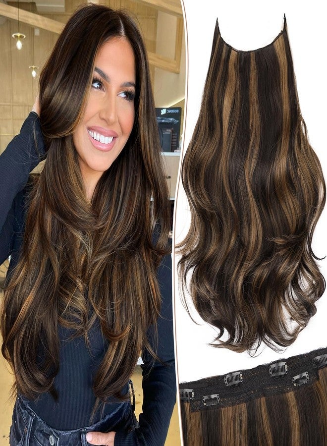 KooKaStyle Invisible Wire Hair Extensions Long Straight Layered Synthetic with Transparent Wire Adjustable Size 6 Secure Clips Hairpieces for Women 20 Inch (20 Inch, Balayage Dark Brown to Chestnut) - Image 1