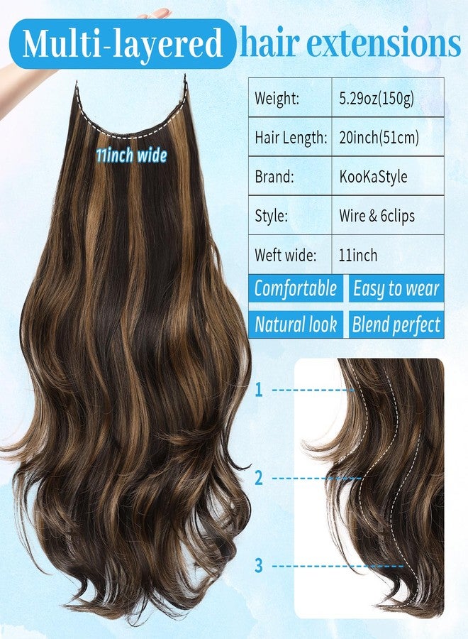 KooKaStyle Invisible Wire Hair Extensions Long Straight Layered Synthetic with Transparent Wire Adjustable Size 6 Secure Clips Hairpieces for Women 20 Inch (20 Inch, Balayage Dark Brown to Chestnut) - Image 3